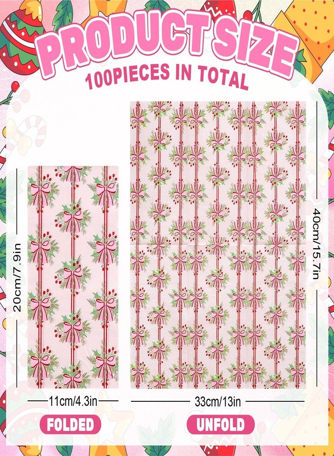 Whaline 100Pcs Pink Bow Christmas Napkins Holly Berry Guest Napkins Xmas Bowknot Dinner Hand Towel Paper Napkin For Bathroom Birthday Baby Shower Party Table Wedding Family Gathering Supplies - Image 2